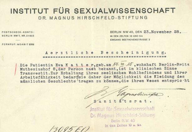 Ärztliche Bescheinigung (auch ‚Transvestitenschein‘ genannt) von Gerd Katter für die polizeiliche Erlaubnis zum Tragen von „Kleidung des männlichen Geschlechts“ (23. November 1928)  ©Archiv der Magnus-Hirschfeld-Gesellschaft